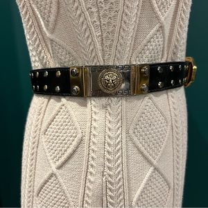 VTG 80's Metal Gold Lion Head Statement Link Belt Greek Key Belt Buckle